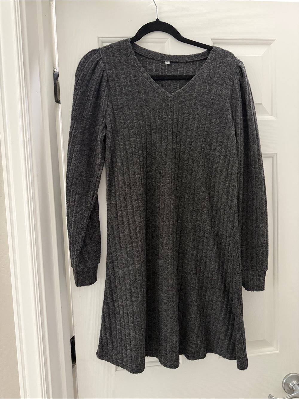 Charcoal Ribbed V‑Neck Sweater Dress